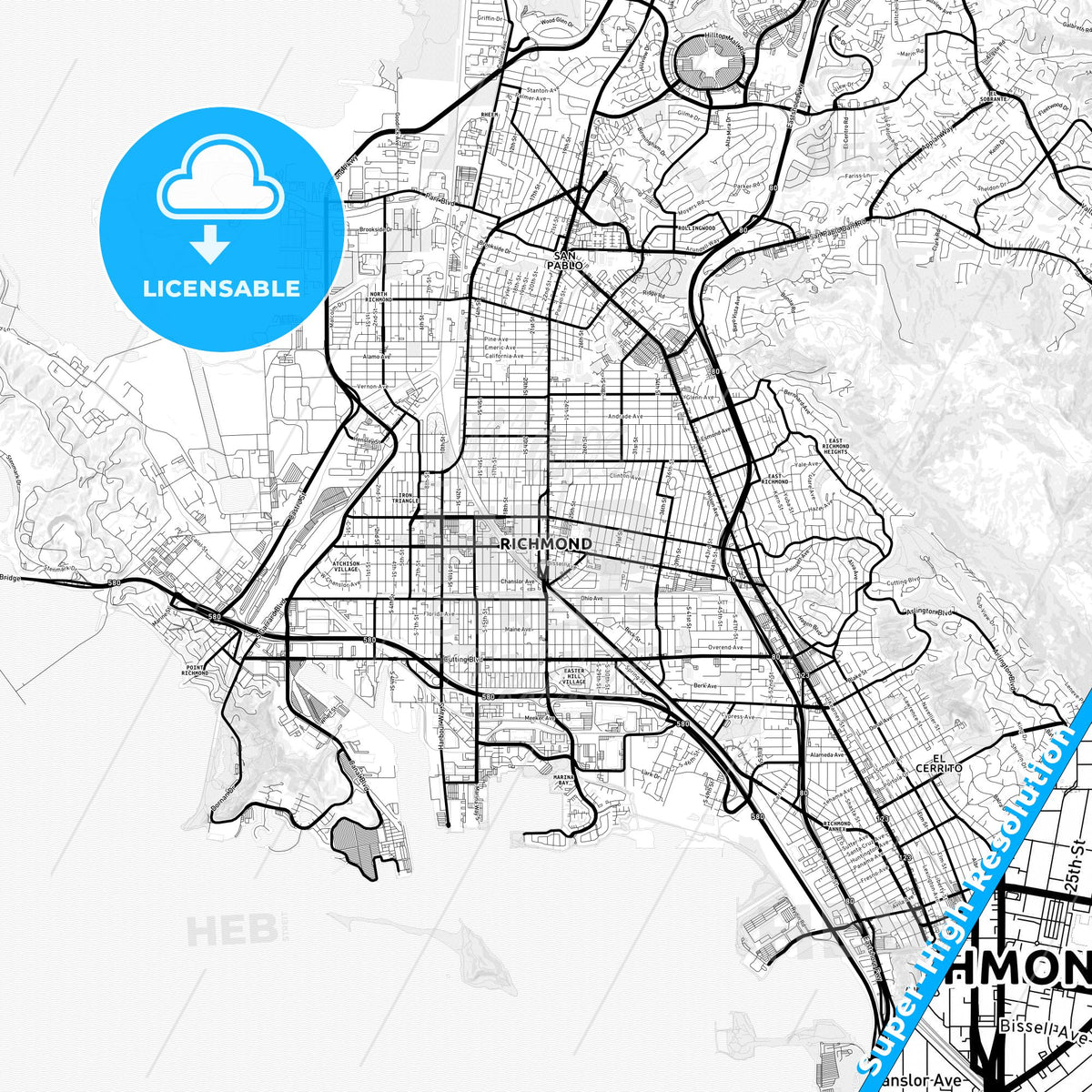 Richmond, California Light Map with Street Names, City Names, and Districts