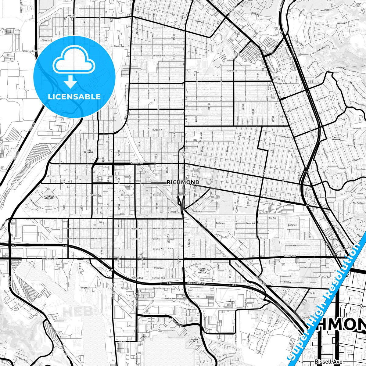 Richmond, California Light Map with Street Names, City Names, and Districts