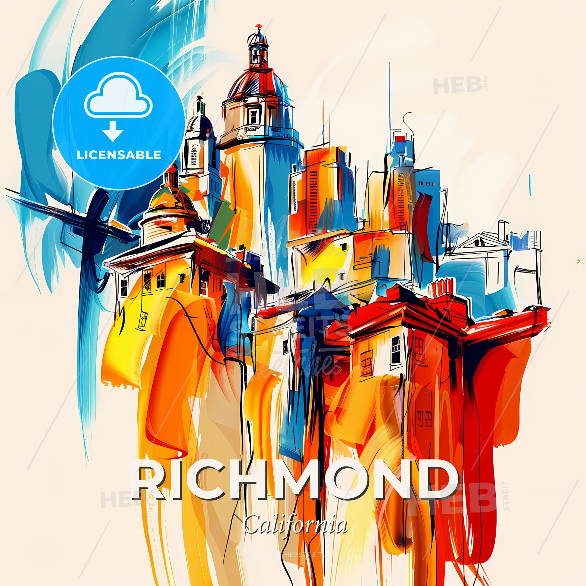 Vibrant Richmond, California - A Colorful Cityscape With Buildings And A Blue And Orange Background - Square format print template