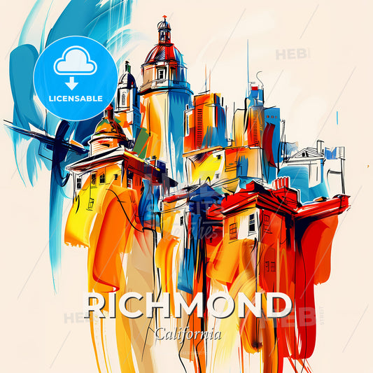 Vibrant Richmond, California - A Colorful Cityscape With Buildings And A Blue And Orange Background - Square format print template