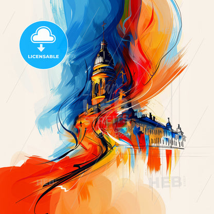 Vibrant Richmond, Canada - A Painting Of A Building With A Tower And A Colorful Background