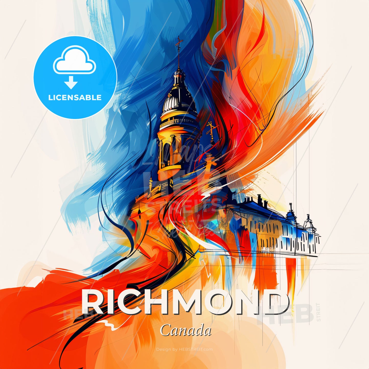 Vibrant Richmond, Canada - A Painting Of A Building With A Tower And A Colorful Background - Square format print template