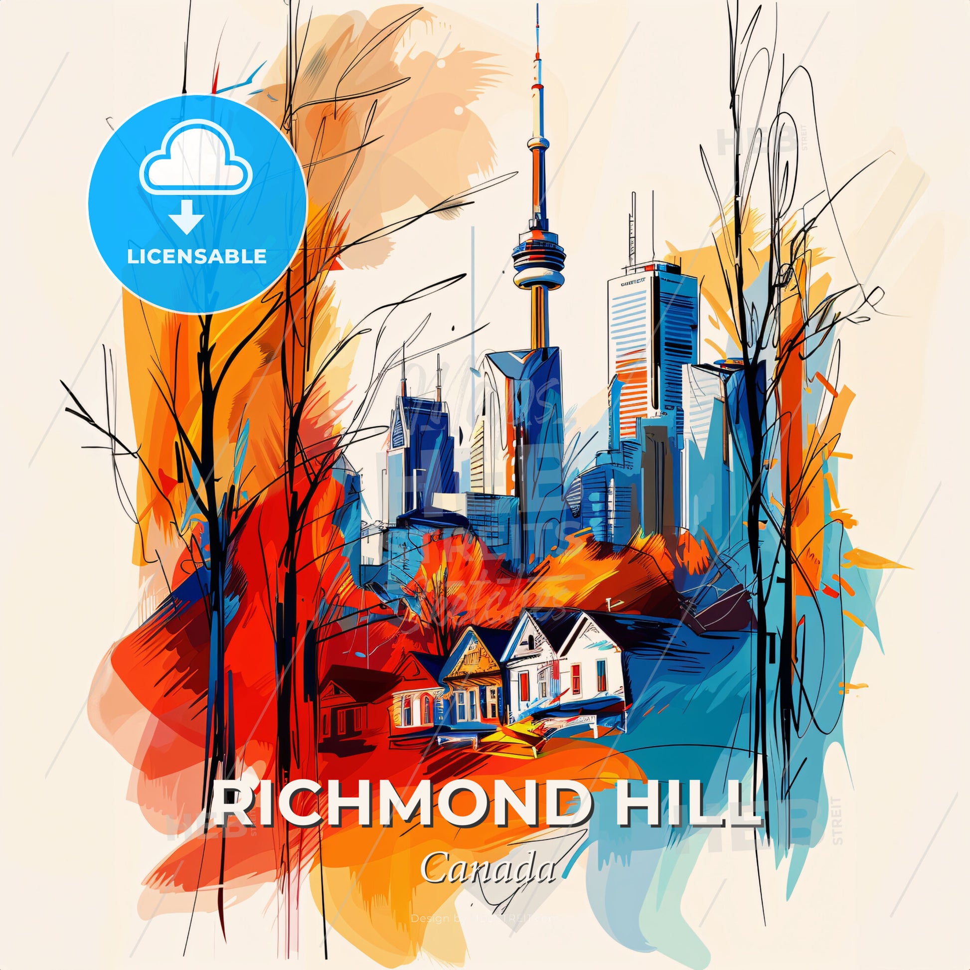 Vibrant Richmond Hill, Canada - A Painting Of A Skyline With A Colorful Building - Square format print template
