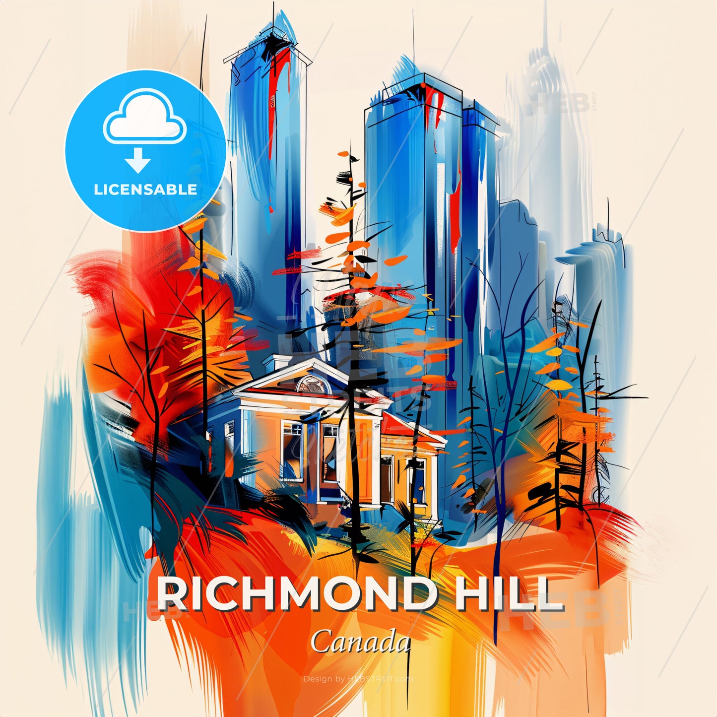 Vibrant Richmond Hill, Canada - A Painting Of A Building And Trees - Square format print template