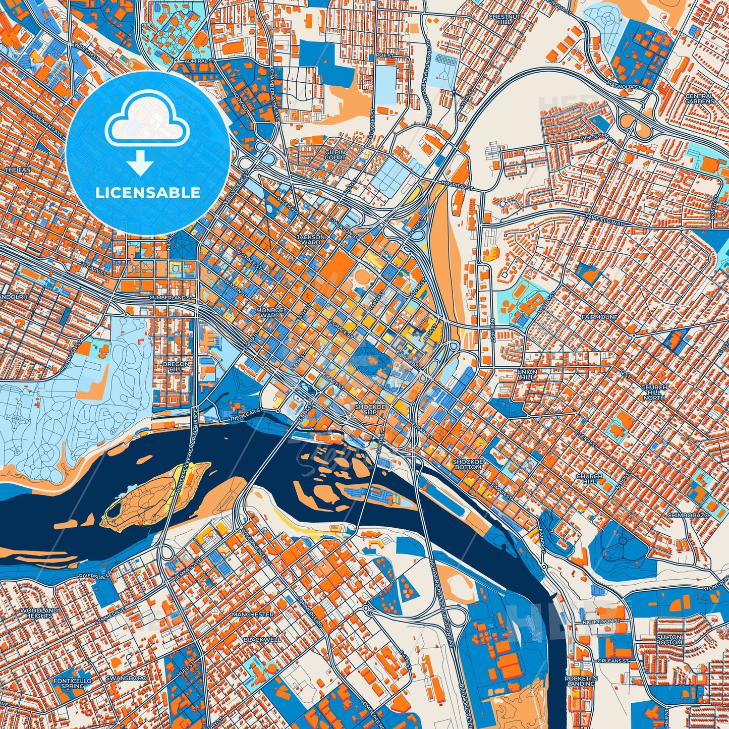 Colorful Richmond Street Map with Labels and Buildings