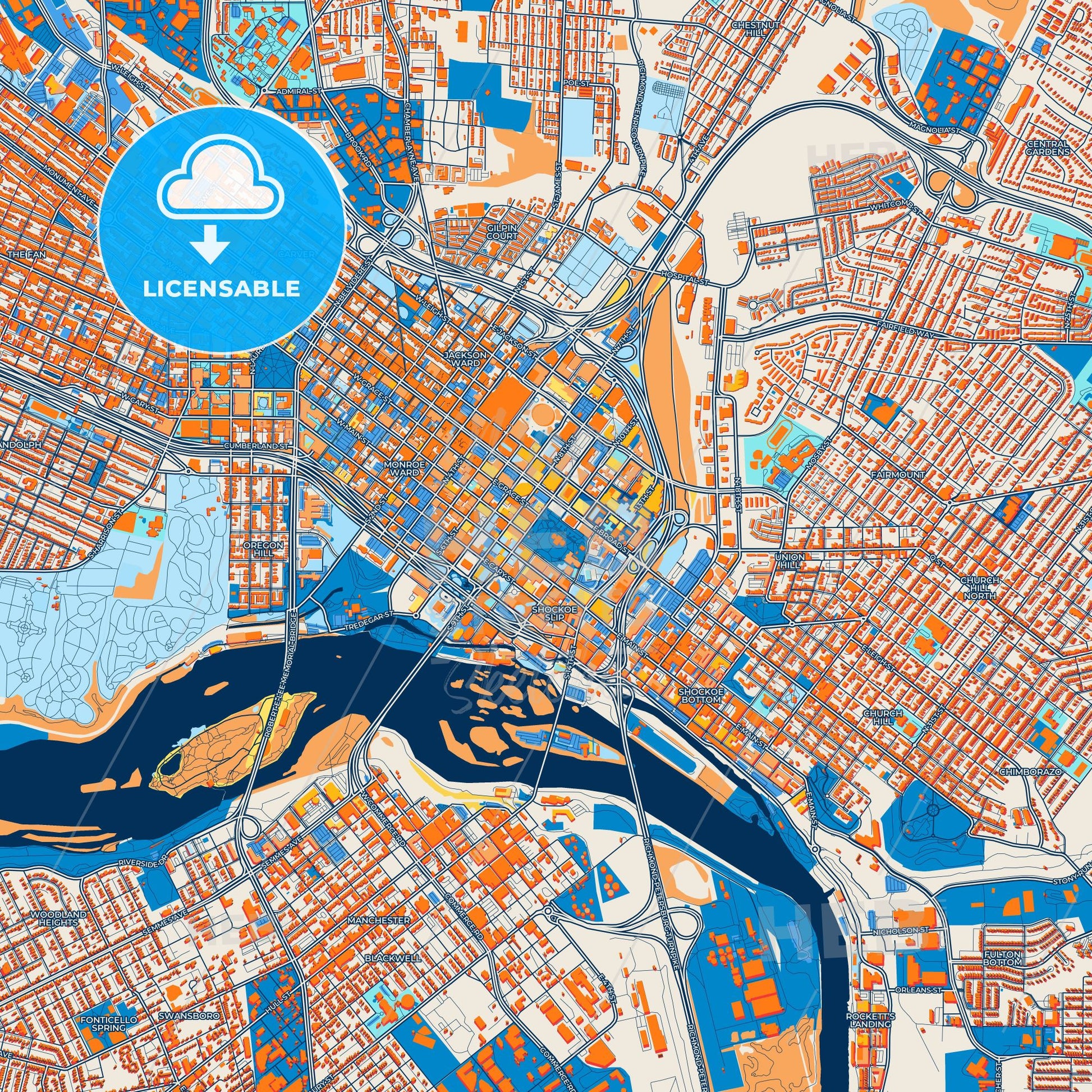Colorful Richmond Street Map with Labels and Buildings
