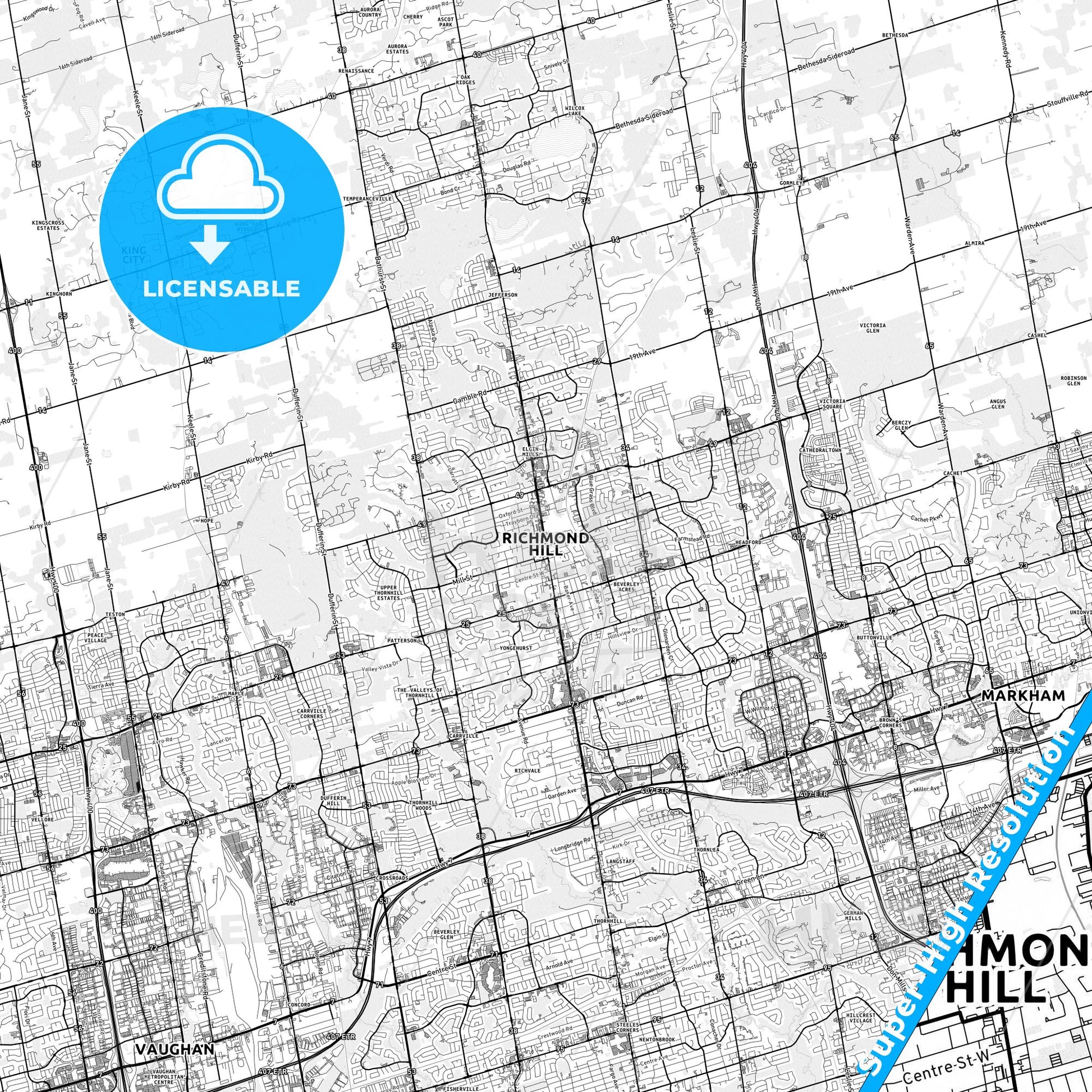 Richmond Hill, Canada light map with streetnames, citynames and districts