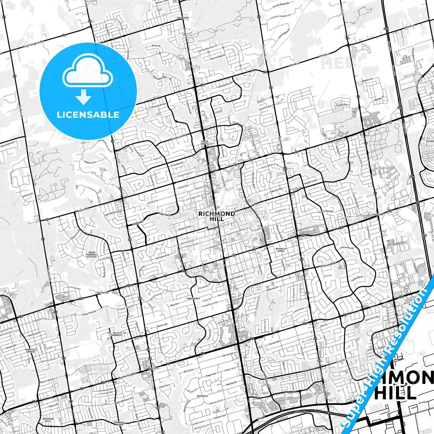 Richmond Hill, Canada Light Map with Street Names, City Names, and Districts
