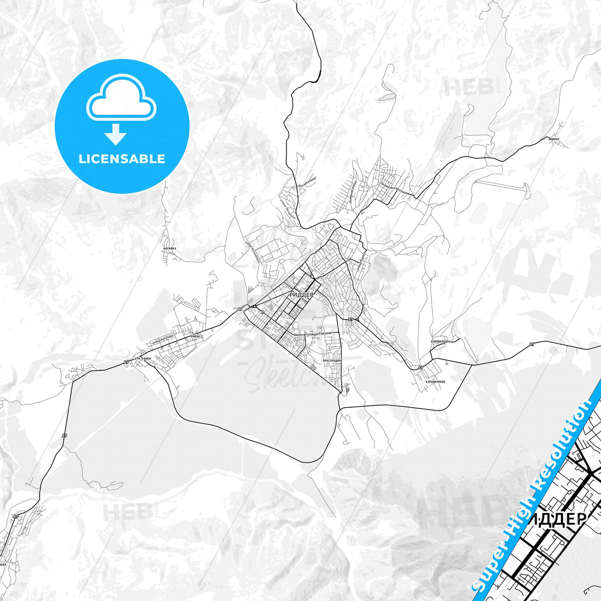 Ridder, Kazakhstan light map with streetnames, citynames and districts