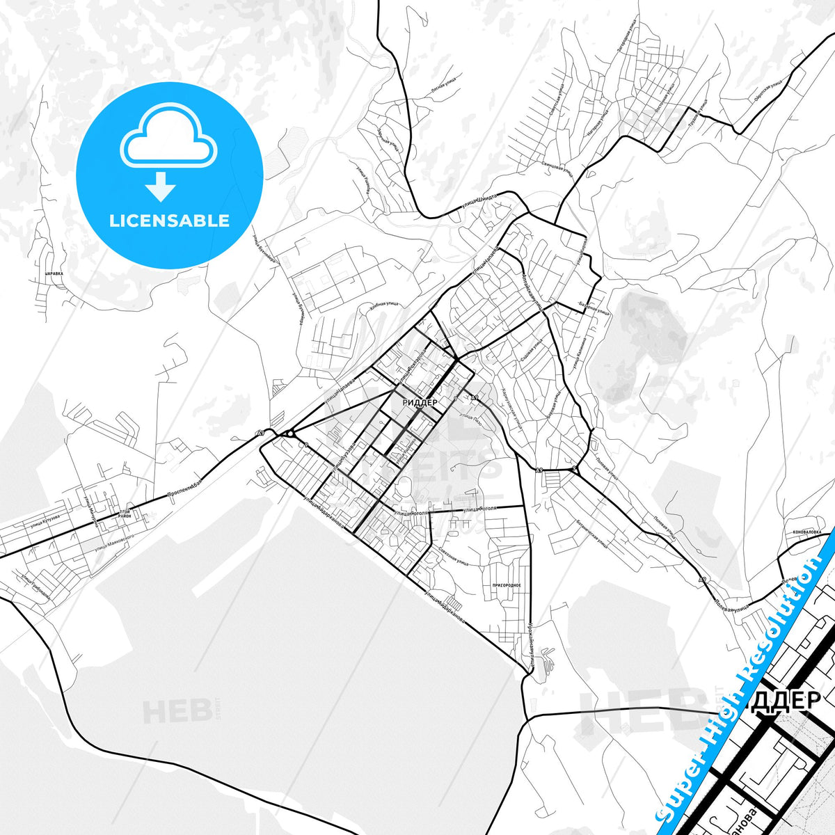 Ridder, Kazakhstan Light Map with Street Names, City Names, and Districts