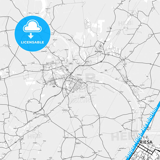 Riesa, Germany light map with streetnames, citynames and districts