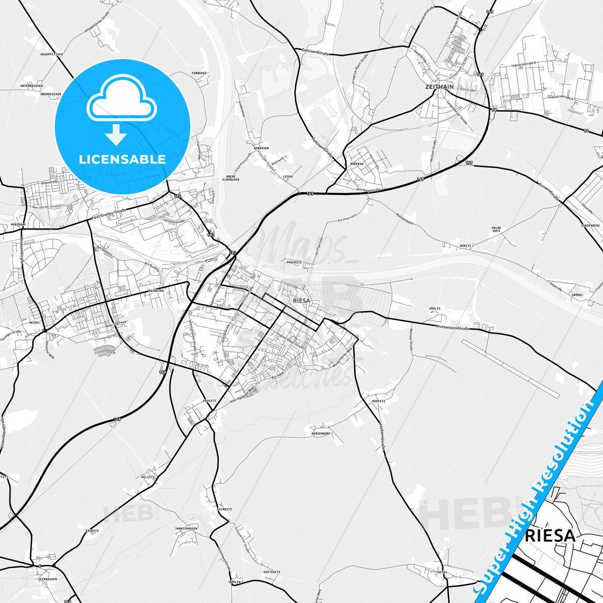 Riesa, Germany Light Map with Street Names, City Names, and Districts