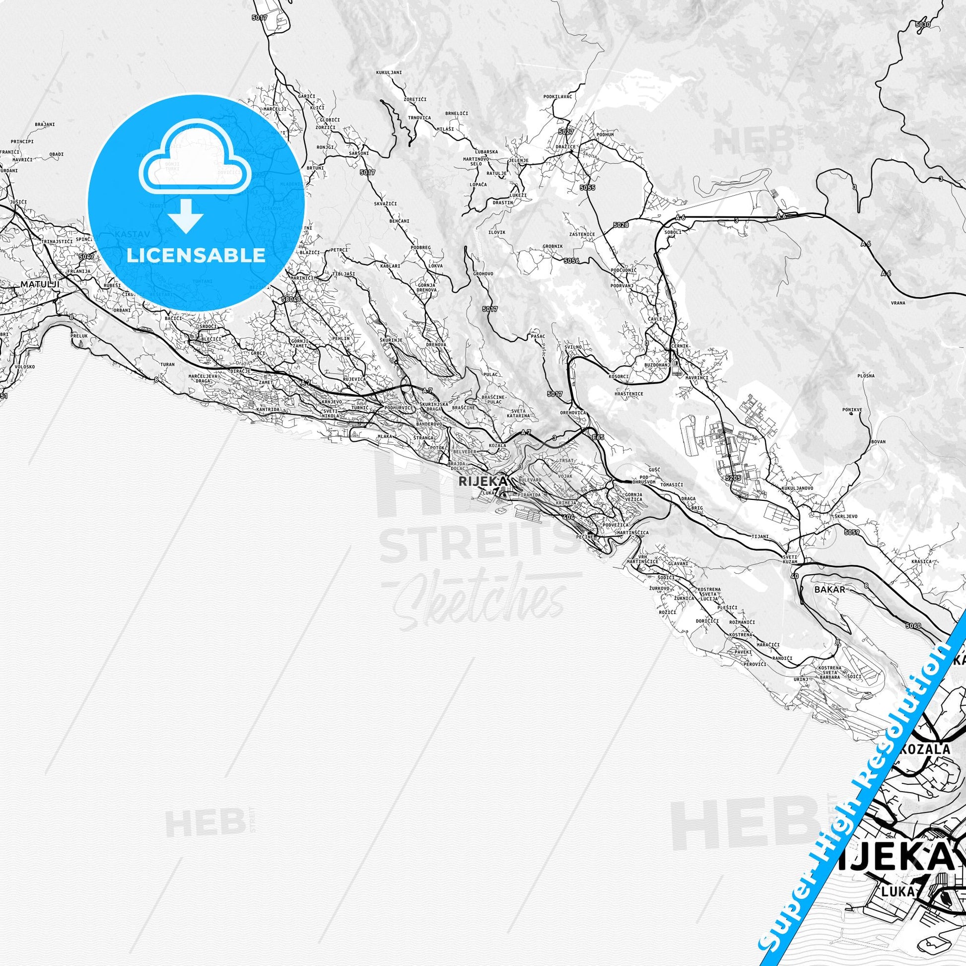 Rijeka, Croatia light map with streetnames, citynames and districts