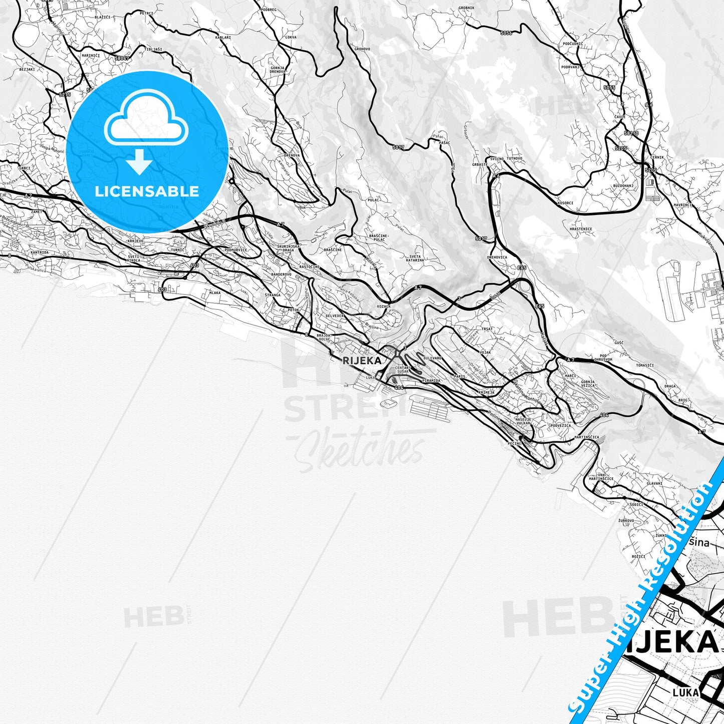 Rijeka, Croatia Light Map with Street Names, City Names, and Districts