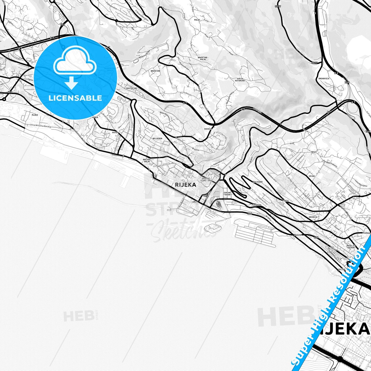 Rijeka, Croatia Light Map with Street Names, City Names, and Districts