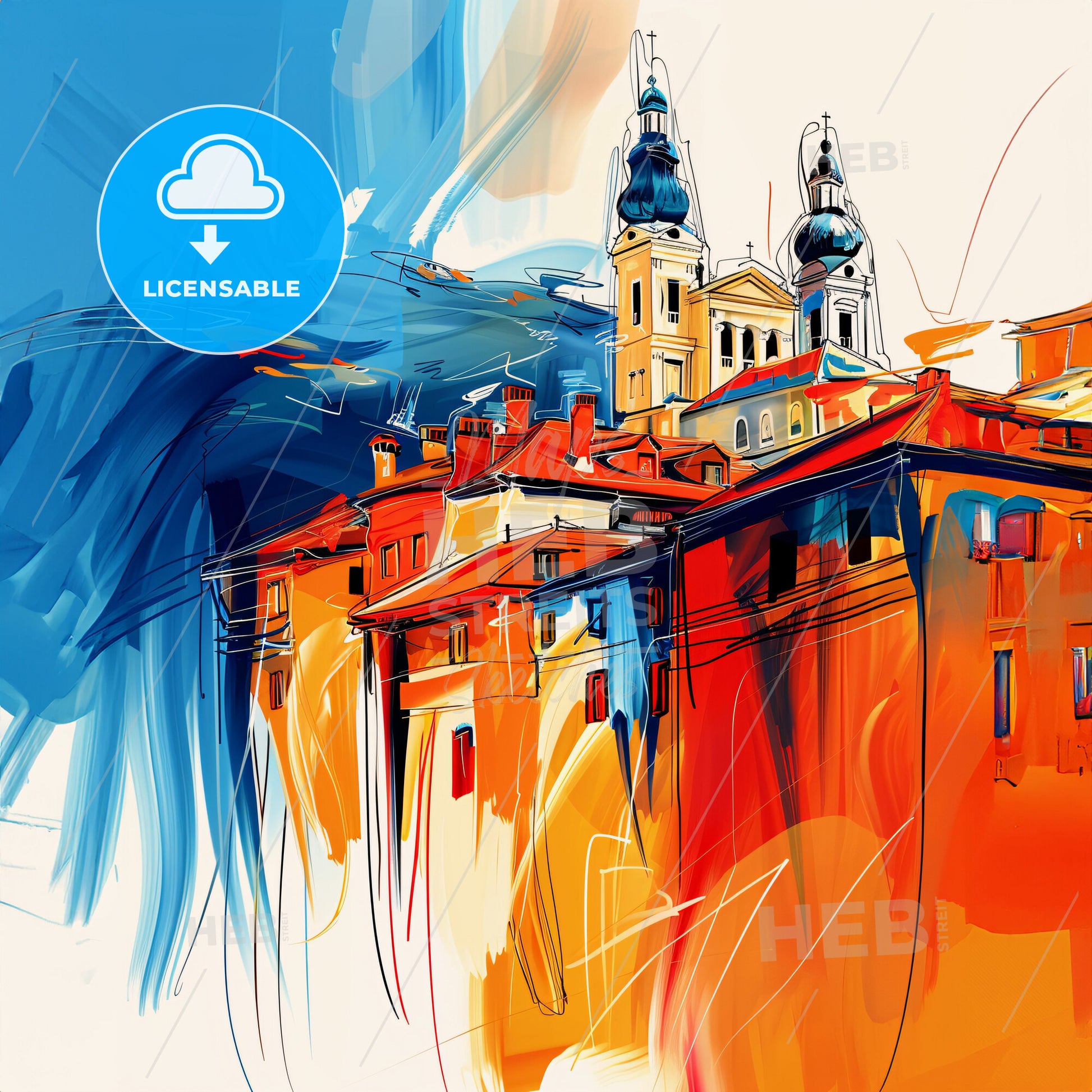 Vibrant Rijeka, Croatia - A Painting Of A Building With Towers And A Blue And Orange Background