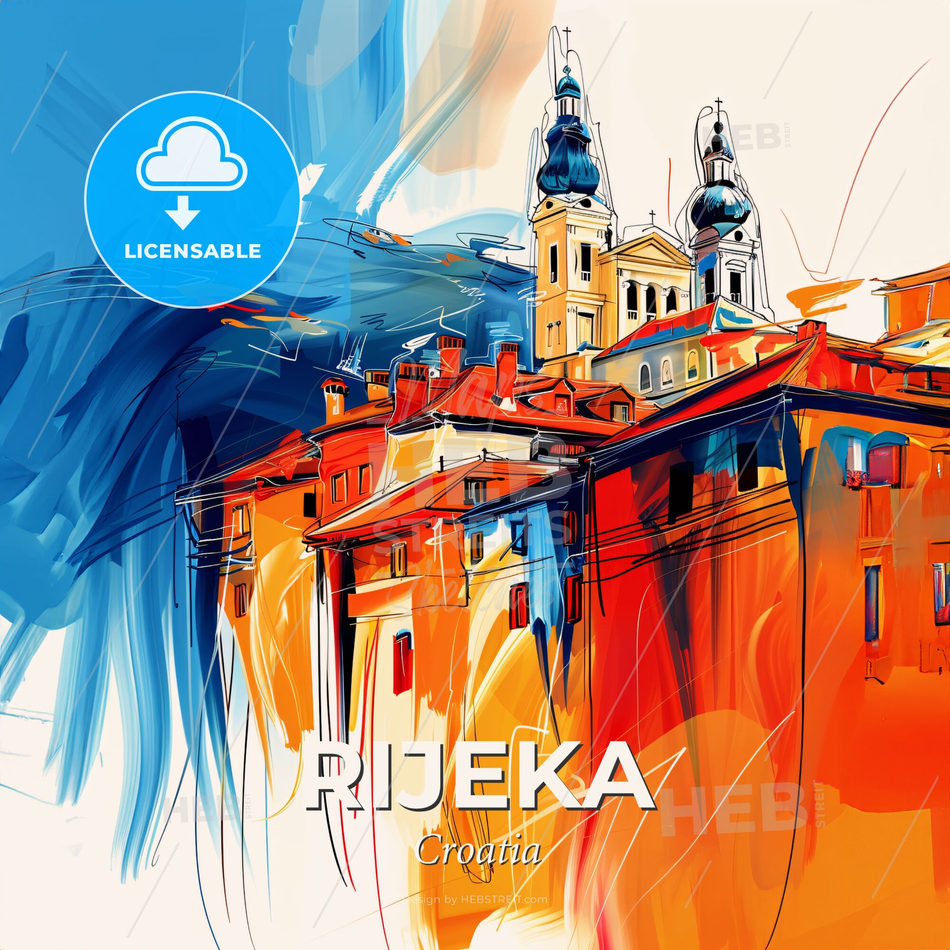 Vibrant Rijeka, Croatia - A Painting Of A Building With Towers And A Blue And Orange Background - Square format print template