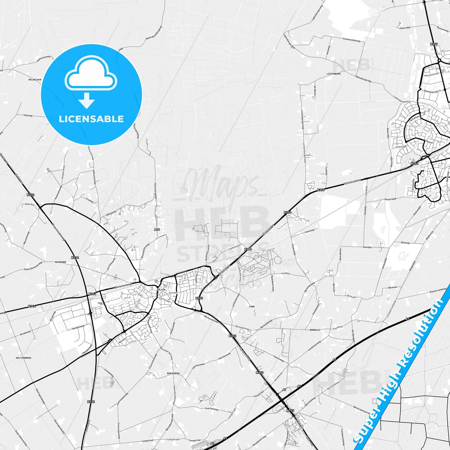 Rijssen-Holten, Netherlands Light Map with Street Names, City Names, and Districts