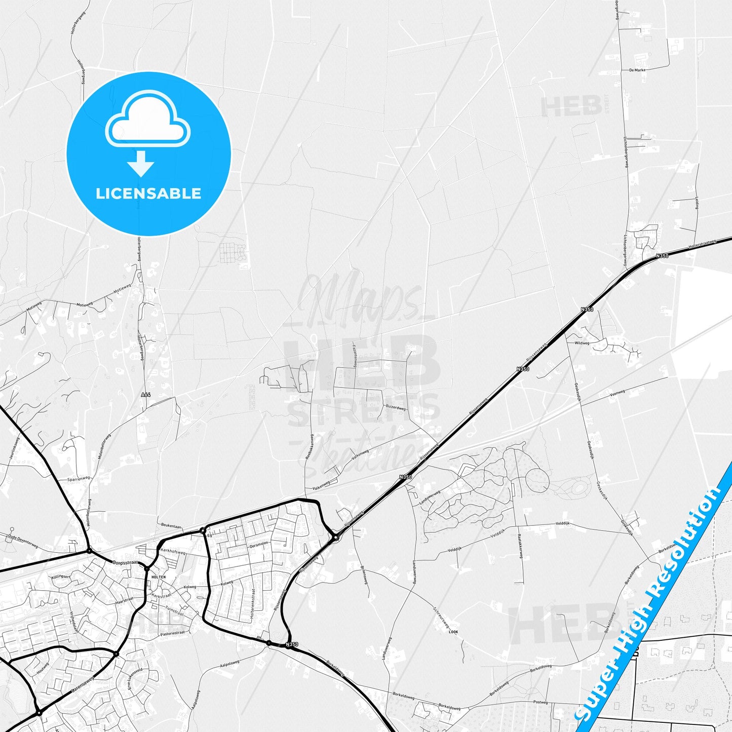 Rijssen-Holten, Netherlands Light Map with Street Names, City Names, and Districts