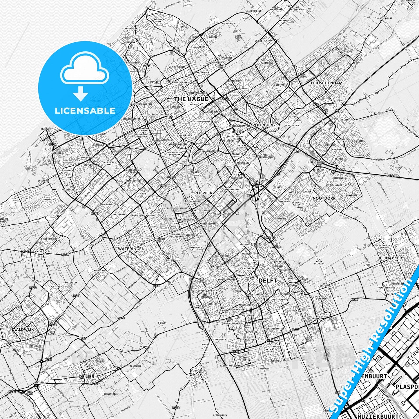 Rijswijk, Netherlands light map with streetnames, citynames and districts