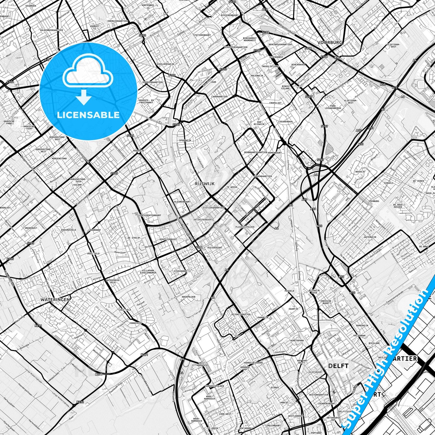Rijswijk, Netherlands Light Map with Street Names, City Names, and Districts