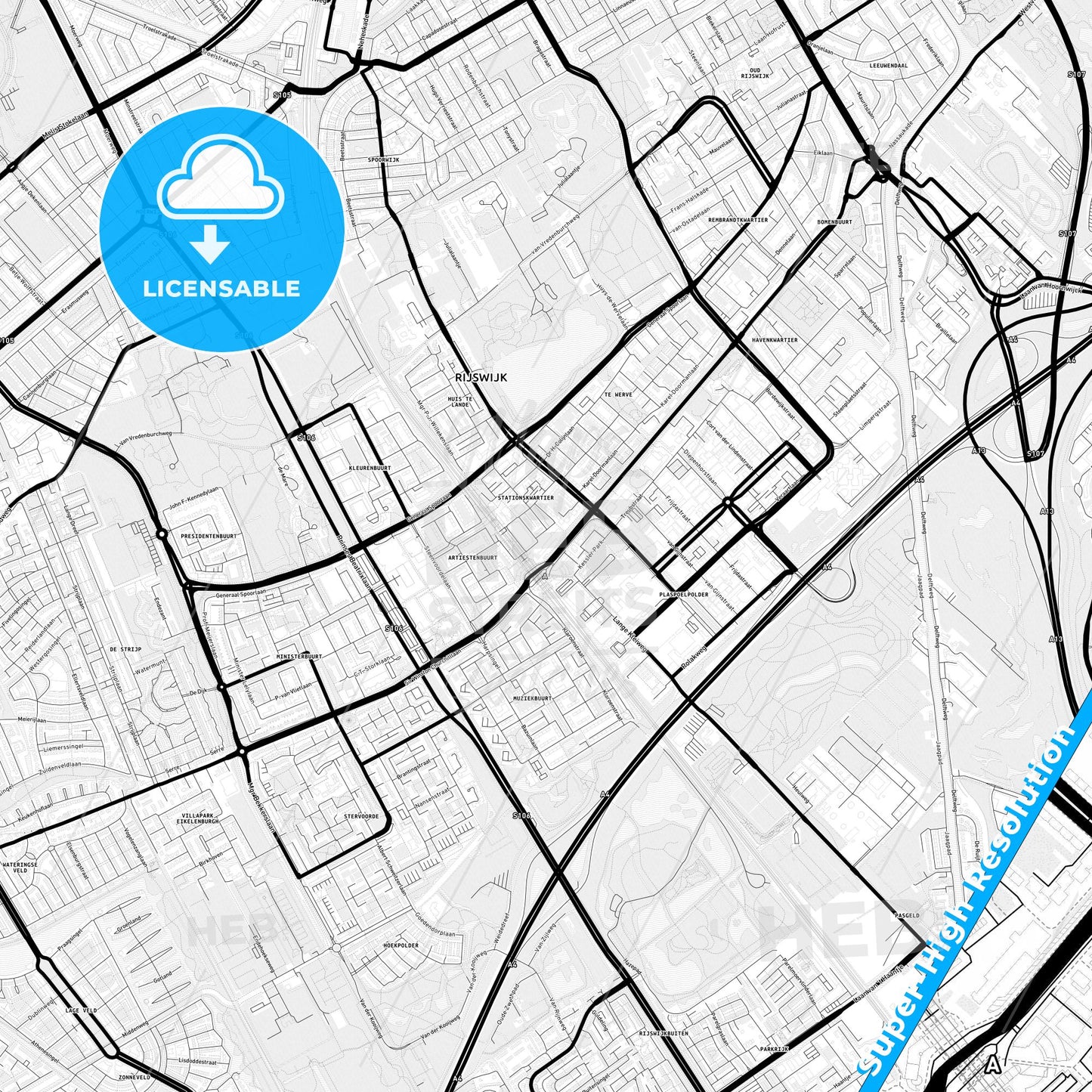Rijswijk, Netherlands Light Map with Street Names, City Names, and Districts