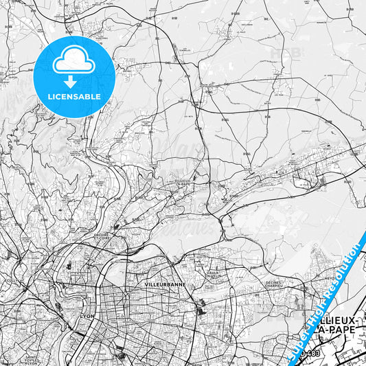 Rillieux-la-Pape, France light map with streetnames, citynames and districts
