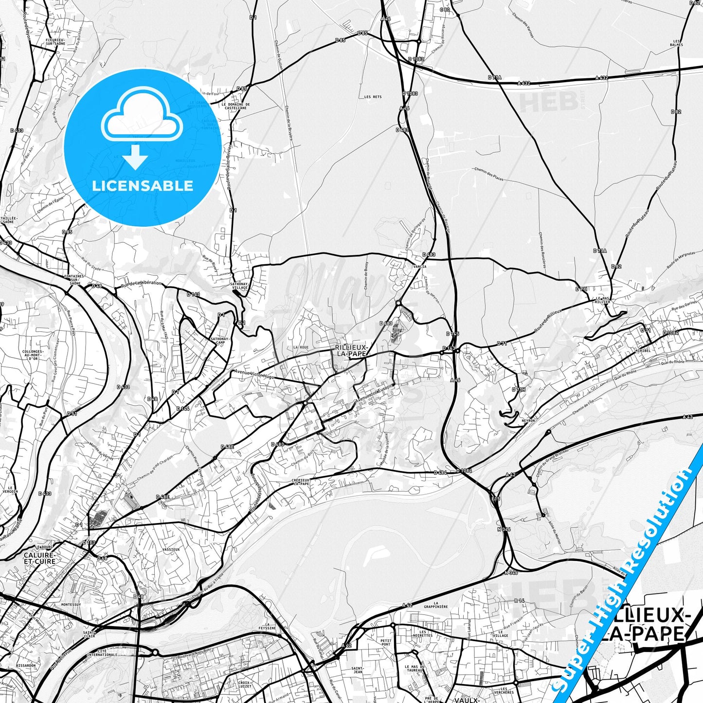 Rillieux-la-Pape, France Light Map with Street Names, City Names, and Districts