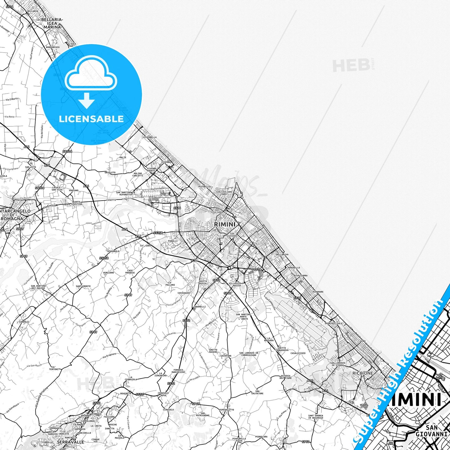 Rimini, Italy light map with streetnames, citynames and districts