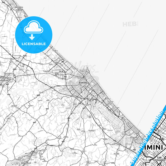 Rimini, Italy light map with streetnames, citynames and districts