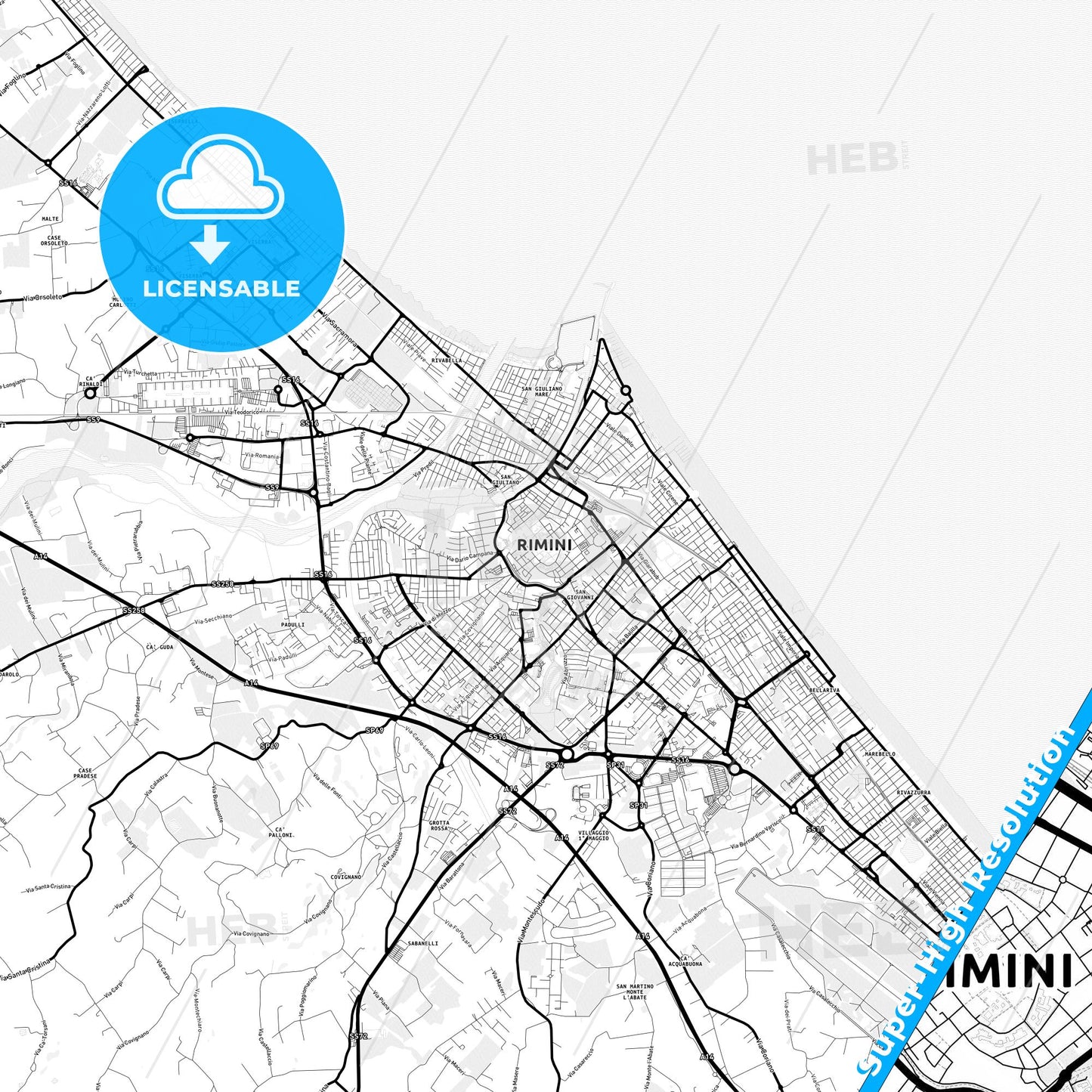 Rimini, Italy Light Map with Street Names, City Names, and Districts