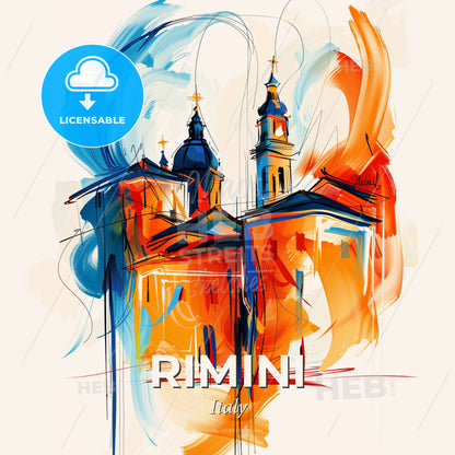 Vibrant Rimini, Italy - A Painting Of A Building With Towers And Crosses - Square format print template