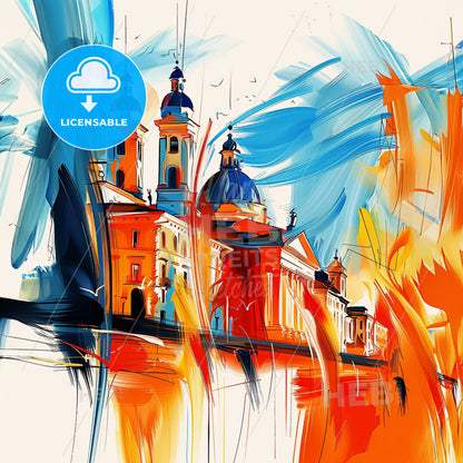 Vibrant Rimini, Italy - A Painting Of A Building With A Blue And Orange Roof