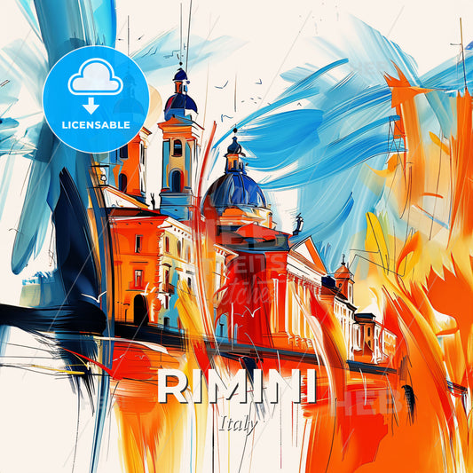 Vibrant Rimini, Italy - A Painting Of A Building With A Blue And Orange Roof - Square format print template