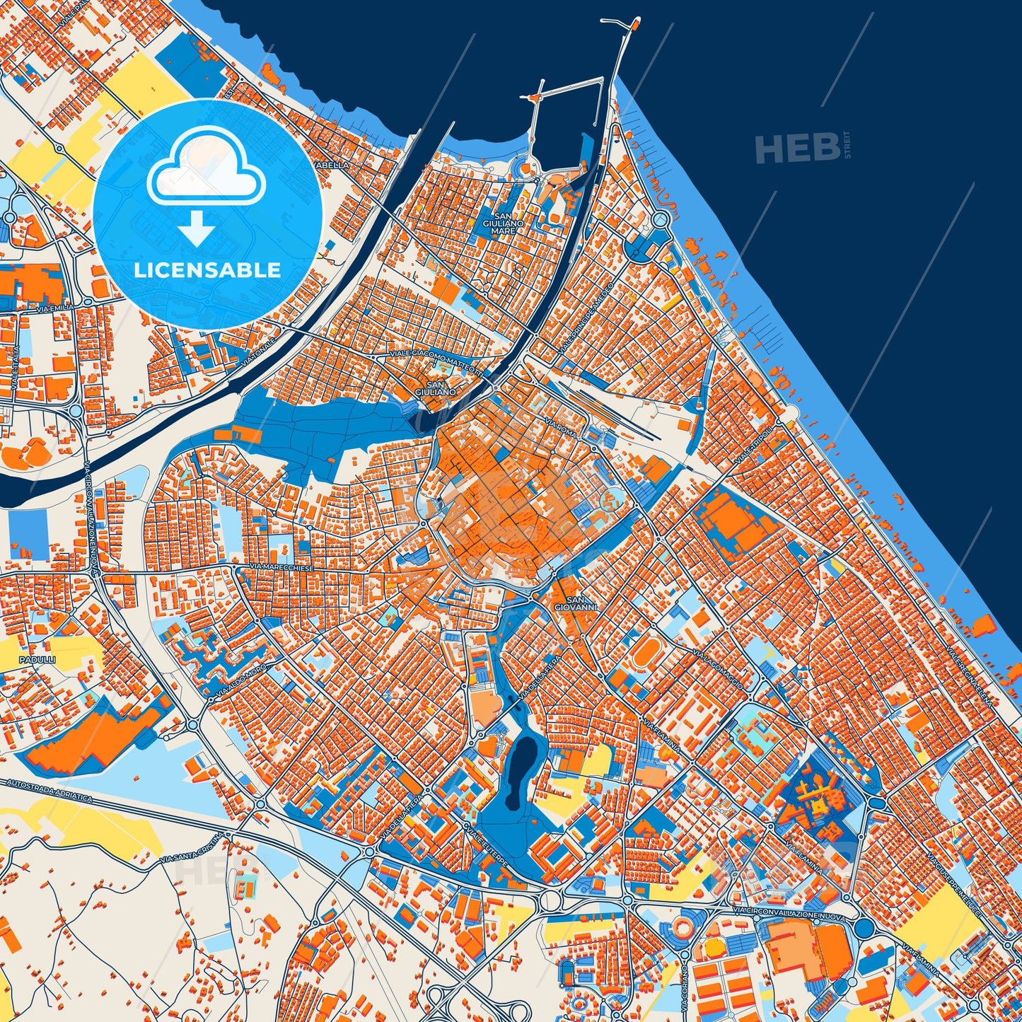 Colorful Rimini Street Map with Labels and Buildings