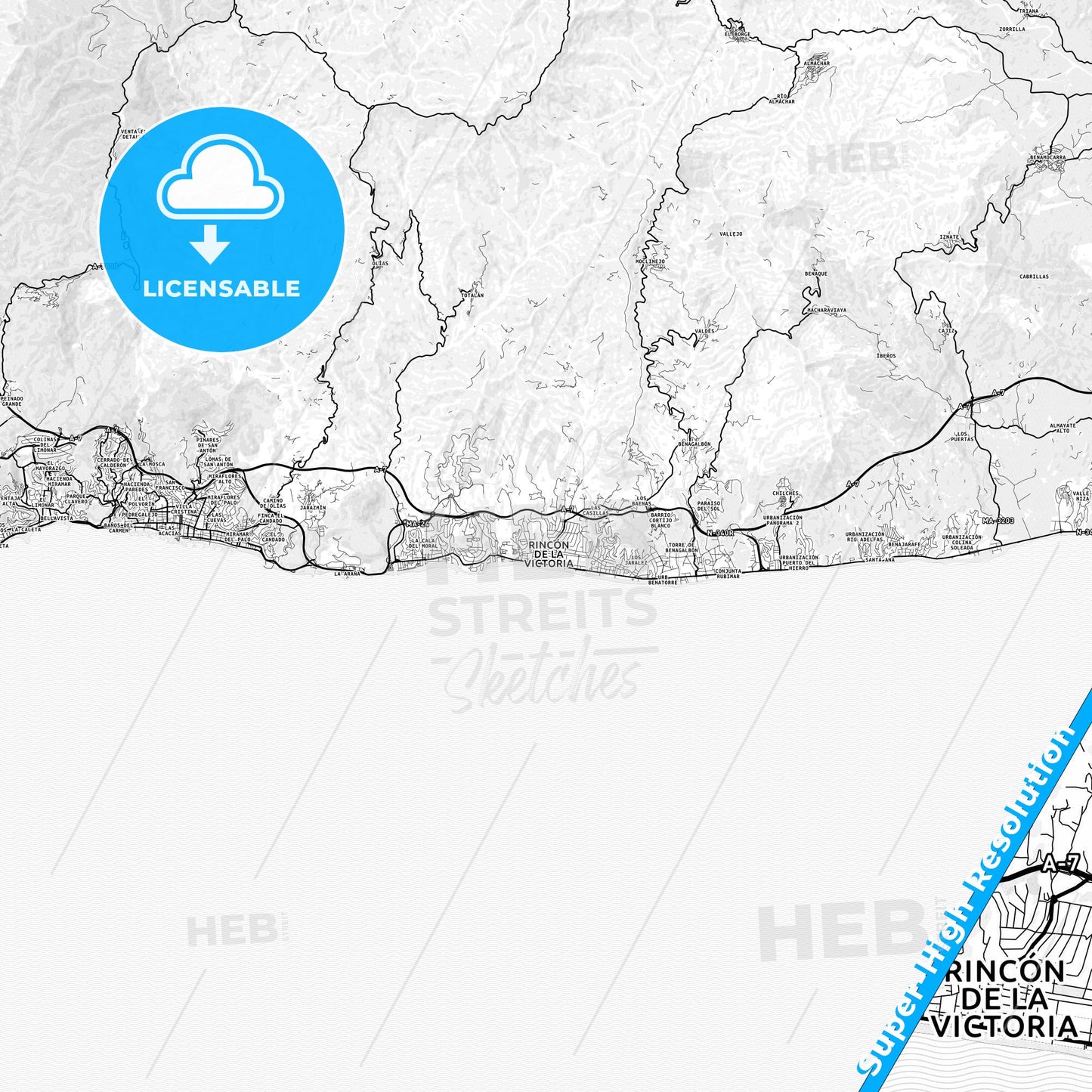 Rincón de la Victoria, Spain light map with streetnames, citynames and districts