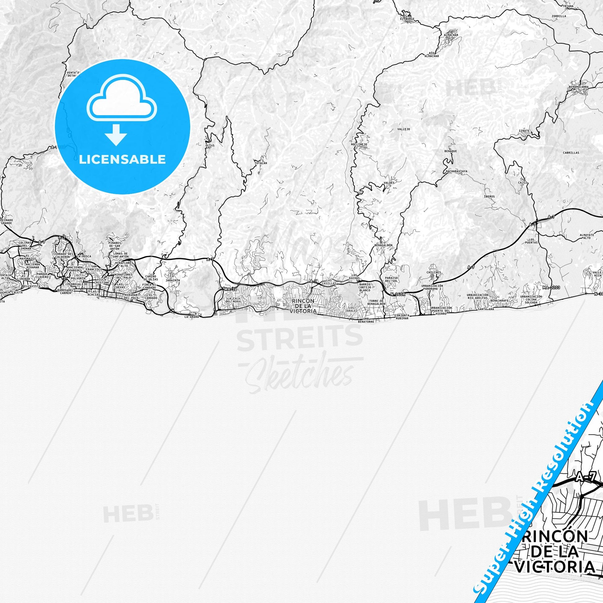 Rincón de la Victoria, Spain light map with streetnames, citynames and districts