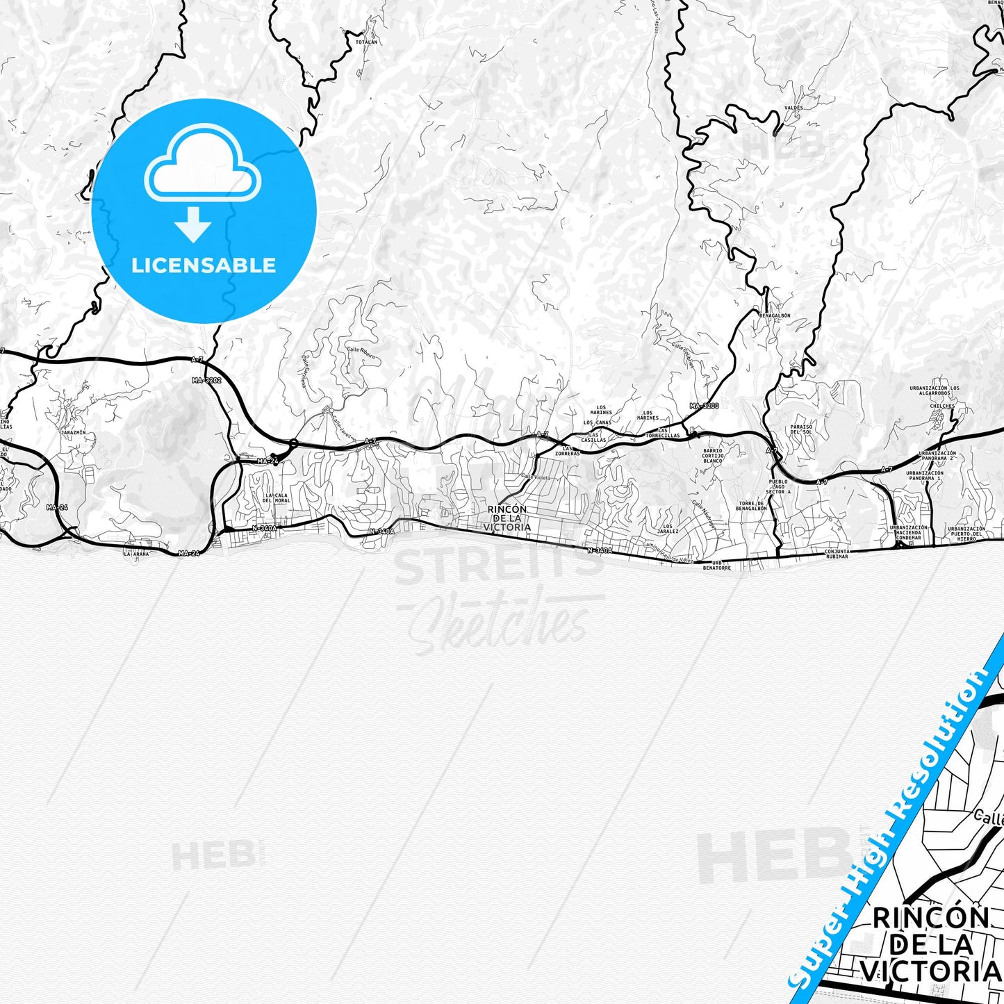 Rincón de la Victoria, Spain Light Map with Street Names, City Names, and Districts