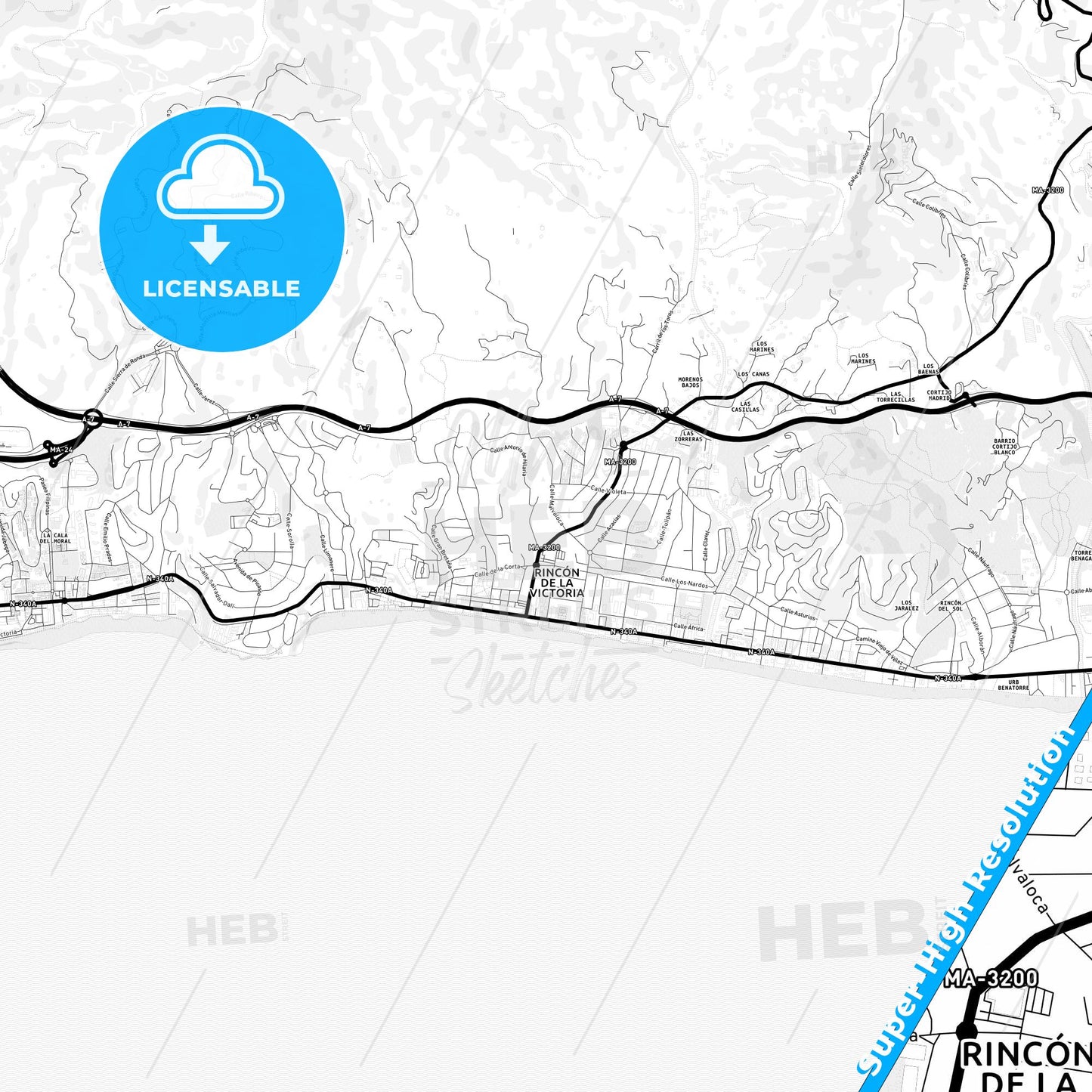 Rincón de la Victoria, Spain Light Map with Street Names, City Names, and Districts
