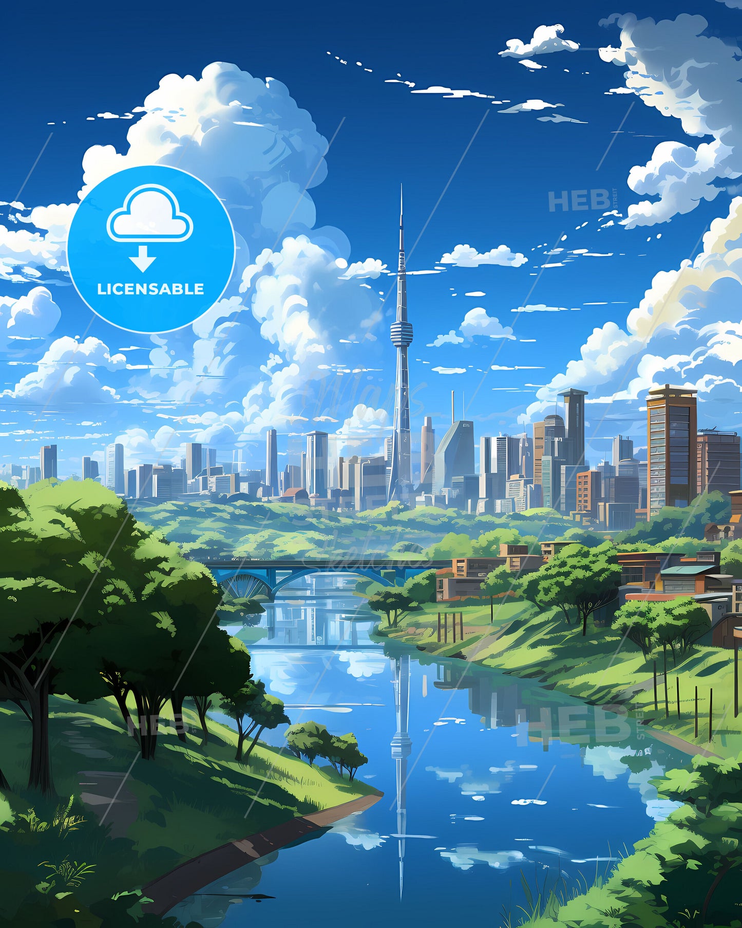 Vibrant Artistic Painting Depicts Rio Branco Brazil Skyline: River, Trees, and City Buildings