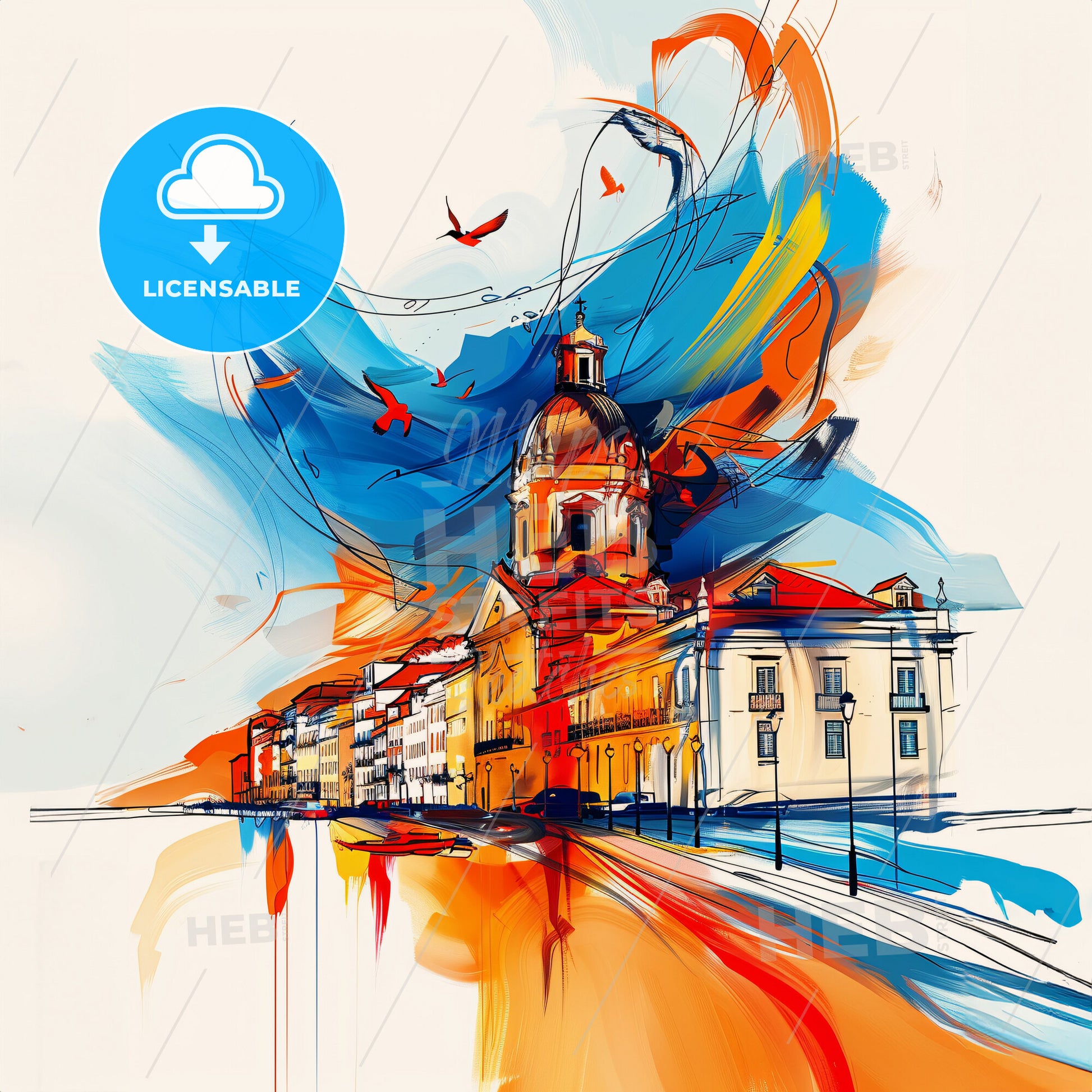 Vibrant Rio Tinto, Portugal - A Painting Of A Building With A Dome And A Blue And Orange Background