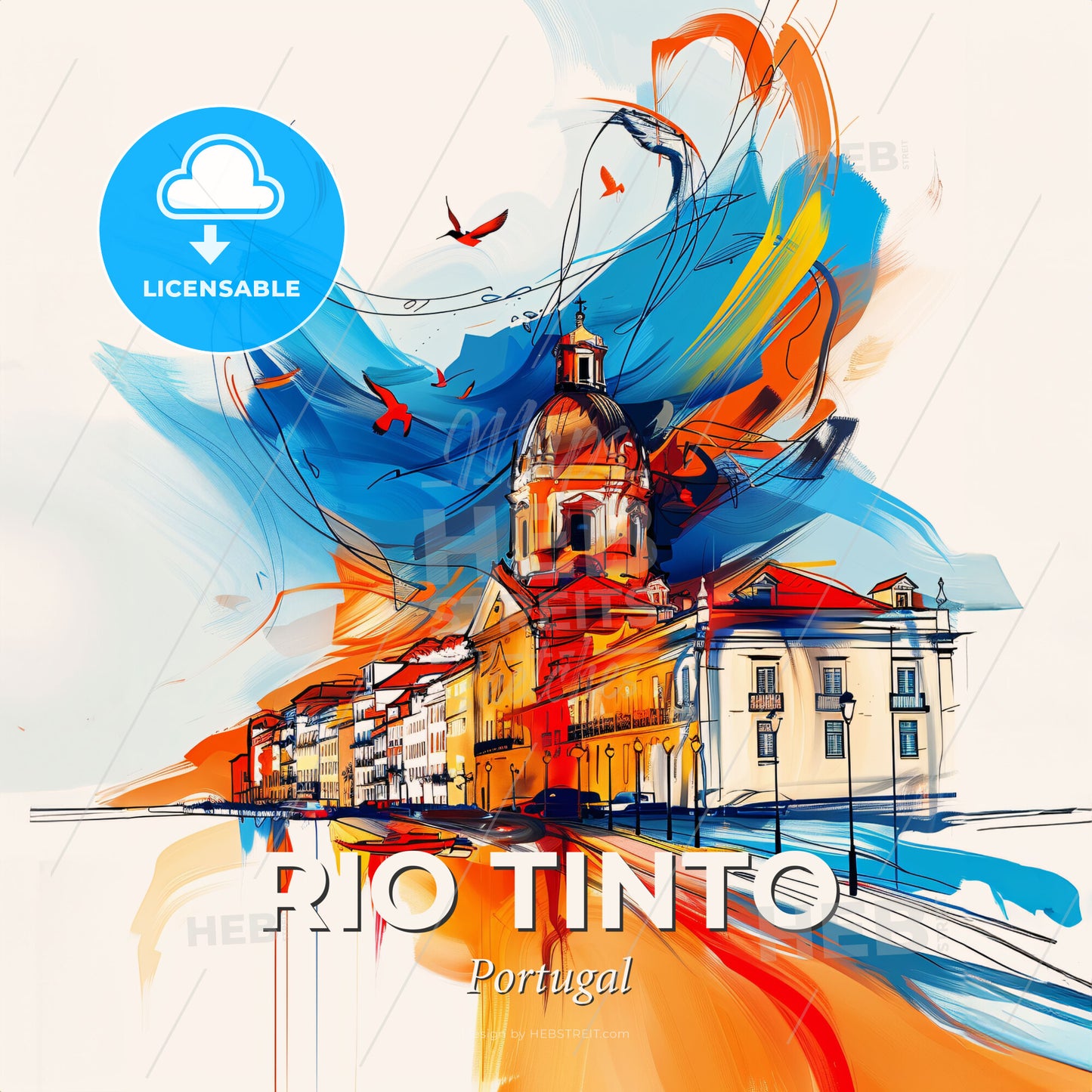 Vibrant Rio Tinto, Portugal - A Painting Of A Building With A Dome And A Blue And Orange Background - Square format print template