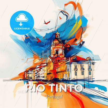 Vibrant Rio Tinto, Portugal - A Painting Of A Building With A Dome And A Blue And Orange Background - Square format print template