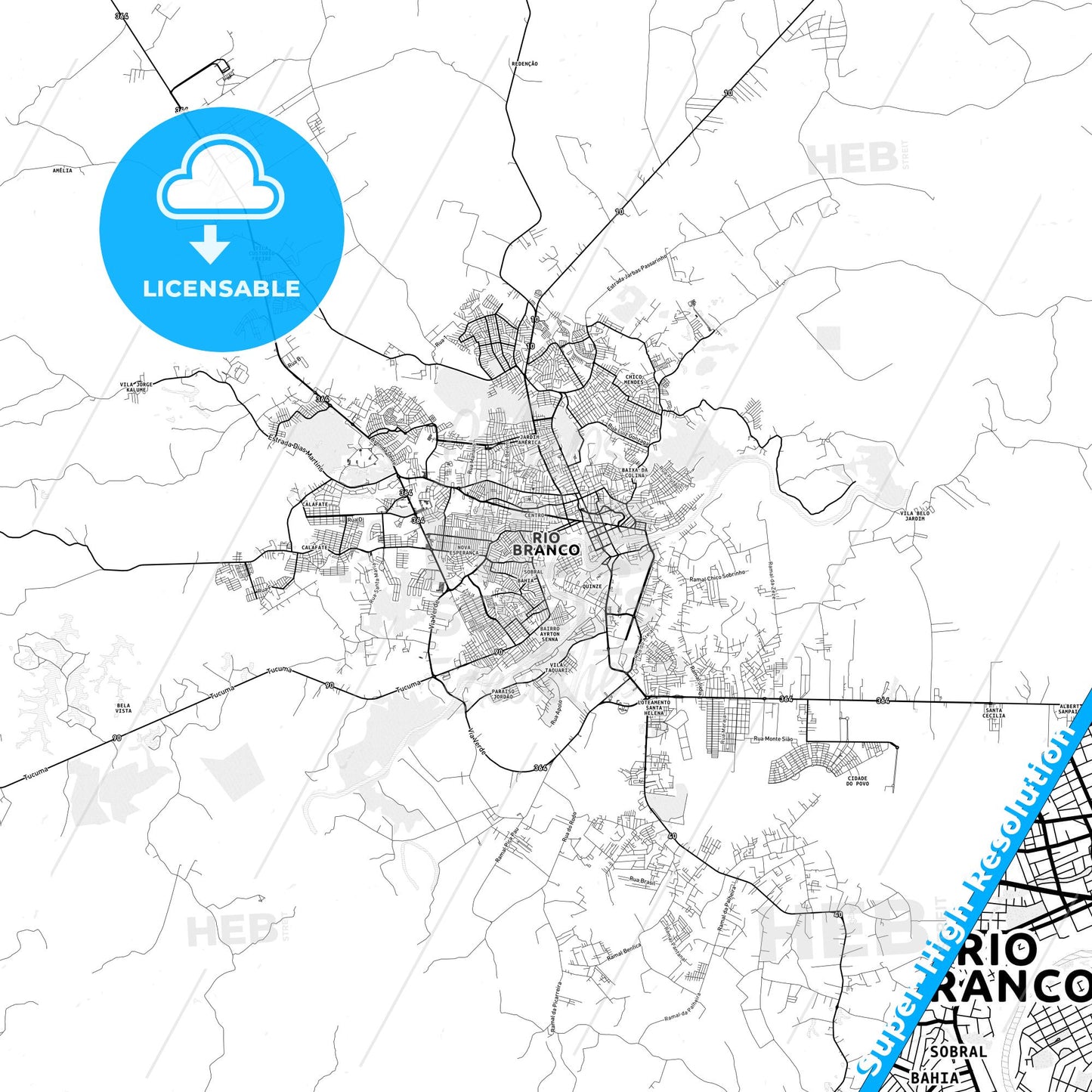 Rio Branco, Brazil light map with streetnames, citynames and districts