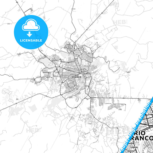 Rio Branco, Brazil light map with streetnames, citynames and districts