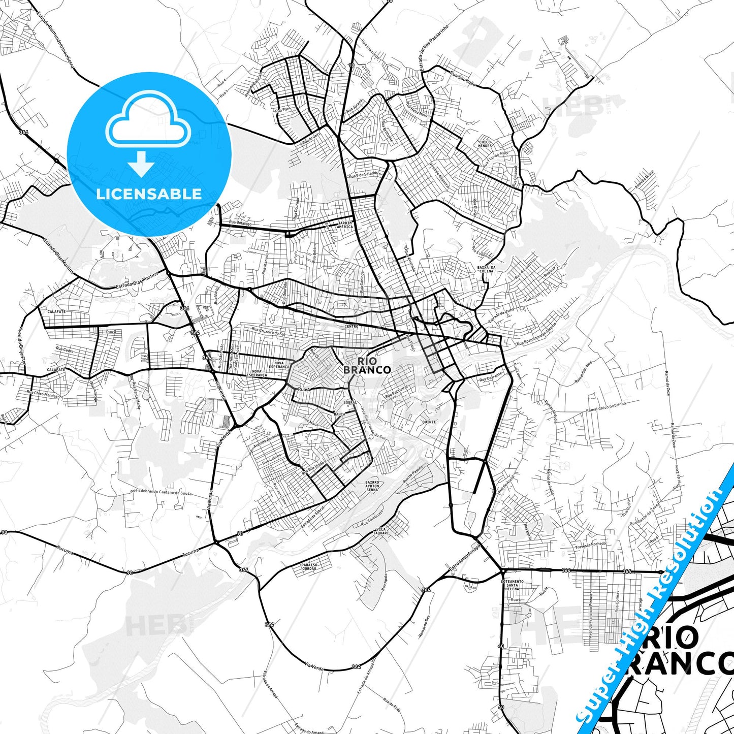 Rio Branco, Brazil Light Map with Street Names, City Names, and Districts