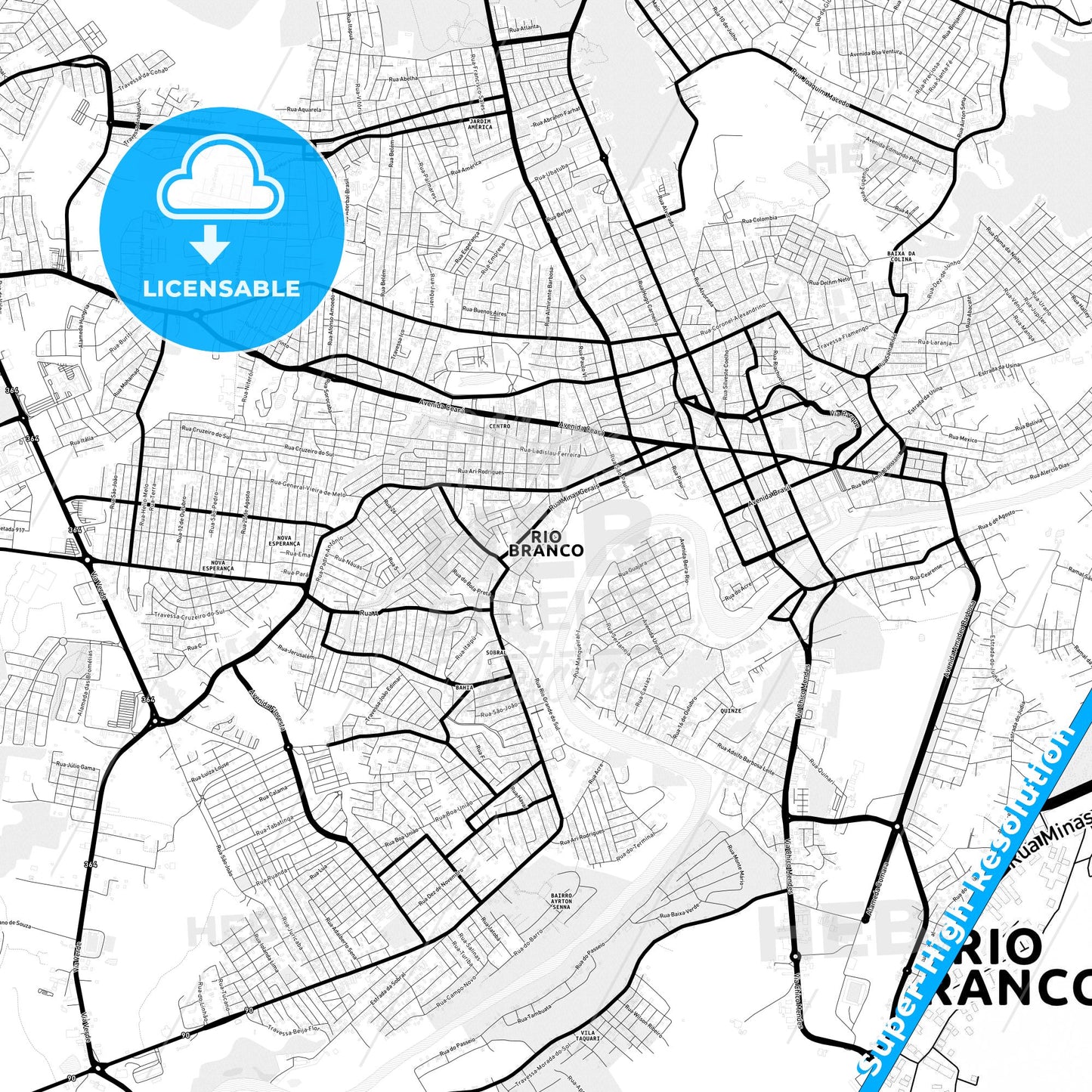 Rio Branco, Brazil Light Map with Street Names, City Names, and Districts