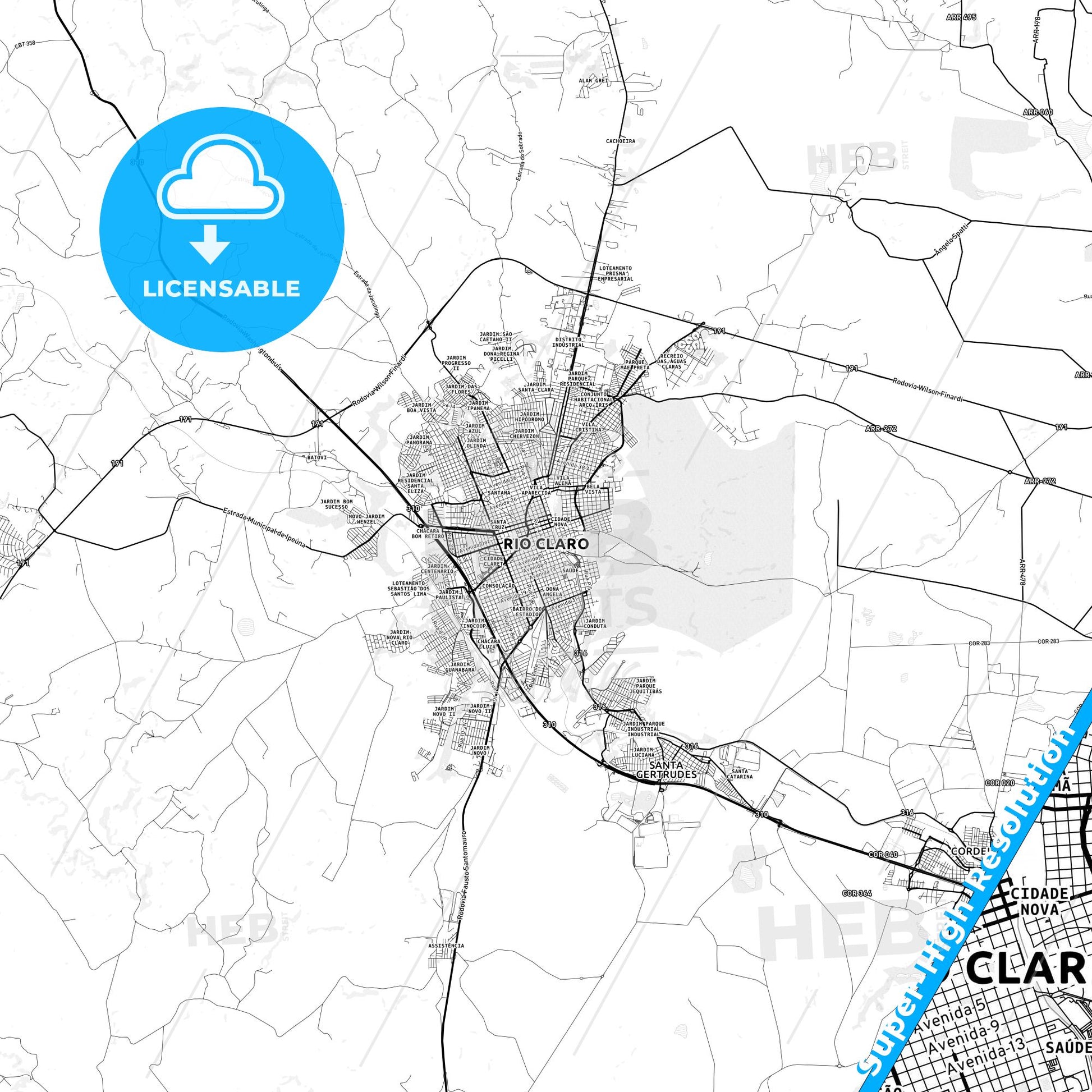 Rio Claro, Brazil light map with streetnames, citynames and districts