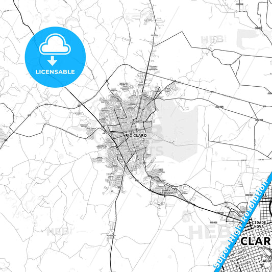 Rio Claro, Brazil light map with streetnames, citynames and districts