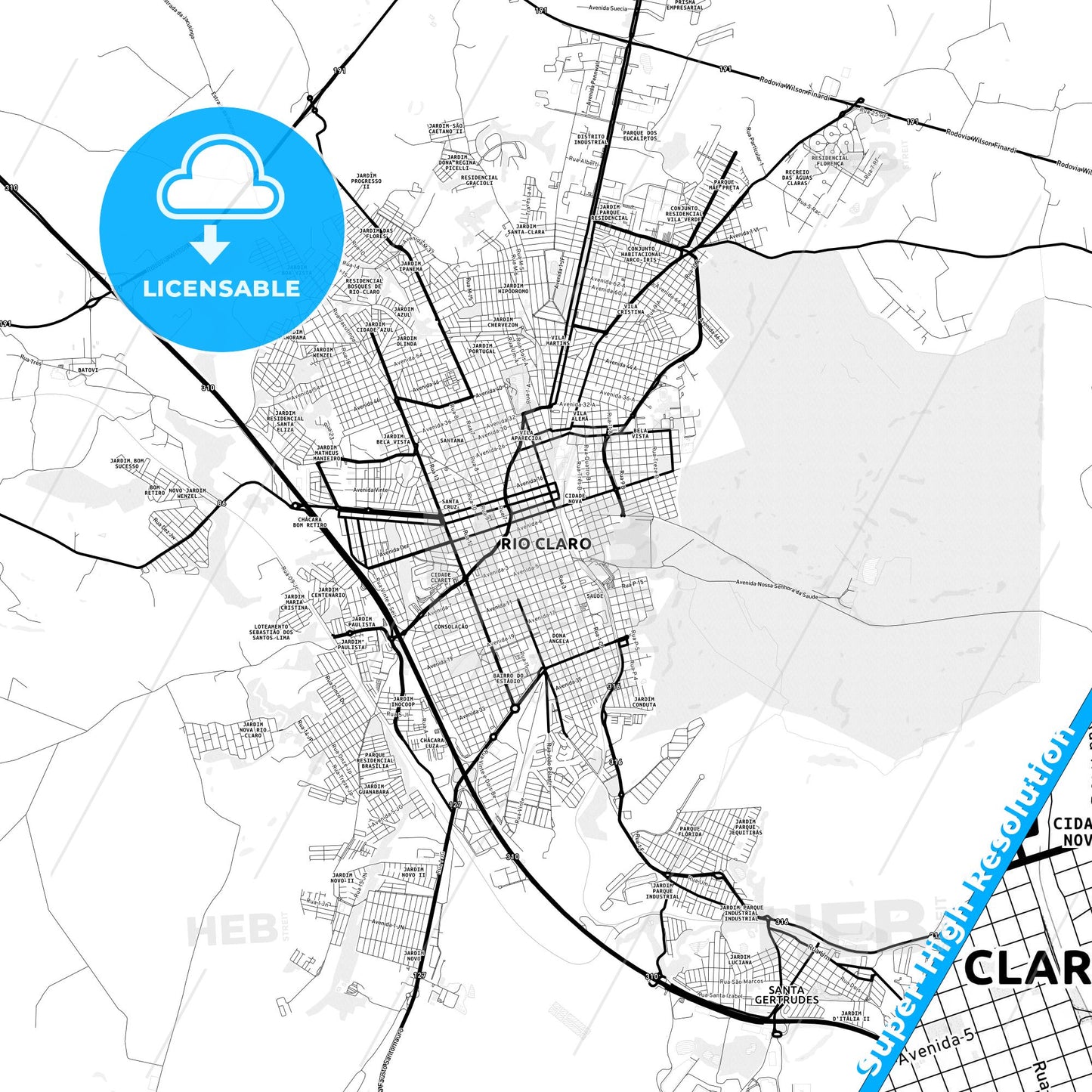 Rio Claro, Brazil Light Map with Street Names, City Names, and Districts